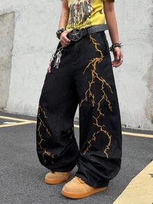 Hearty Haven 1pc Men's American Street Style Embroidered Wide Leg Jeans, Comfortable All-Season Loose Fit Floral College Style Long Pants - No Belt And Accessories - Black - View 4