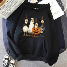 Halloween Goose Hoodie Cute Pumpkin Witch Hat Graphic Cozy Fall Sweatshirt Unisex Warm Pullover Orange Streetwear Printing Tops,Essentials,Jyghnvb - Black - View 2