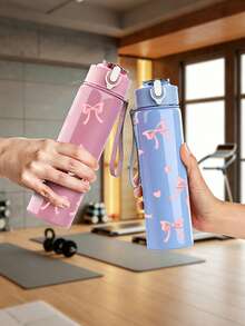 1/5Pcs 25oz Plastic Water Bottle, Sweet Pink Ribbon Bow Knot Heart Allover Print, Flip-Top Portable Leak-Resistant Drink Cup With Lanyard, Fit For Commute Office Gym Short Trip, Thoughtful Gift For Close Friends Relatives For Daily Use - Light Pink With Bow - View 3