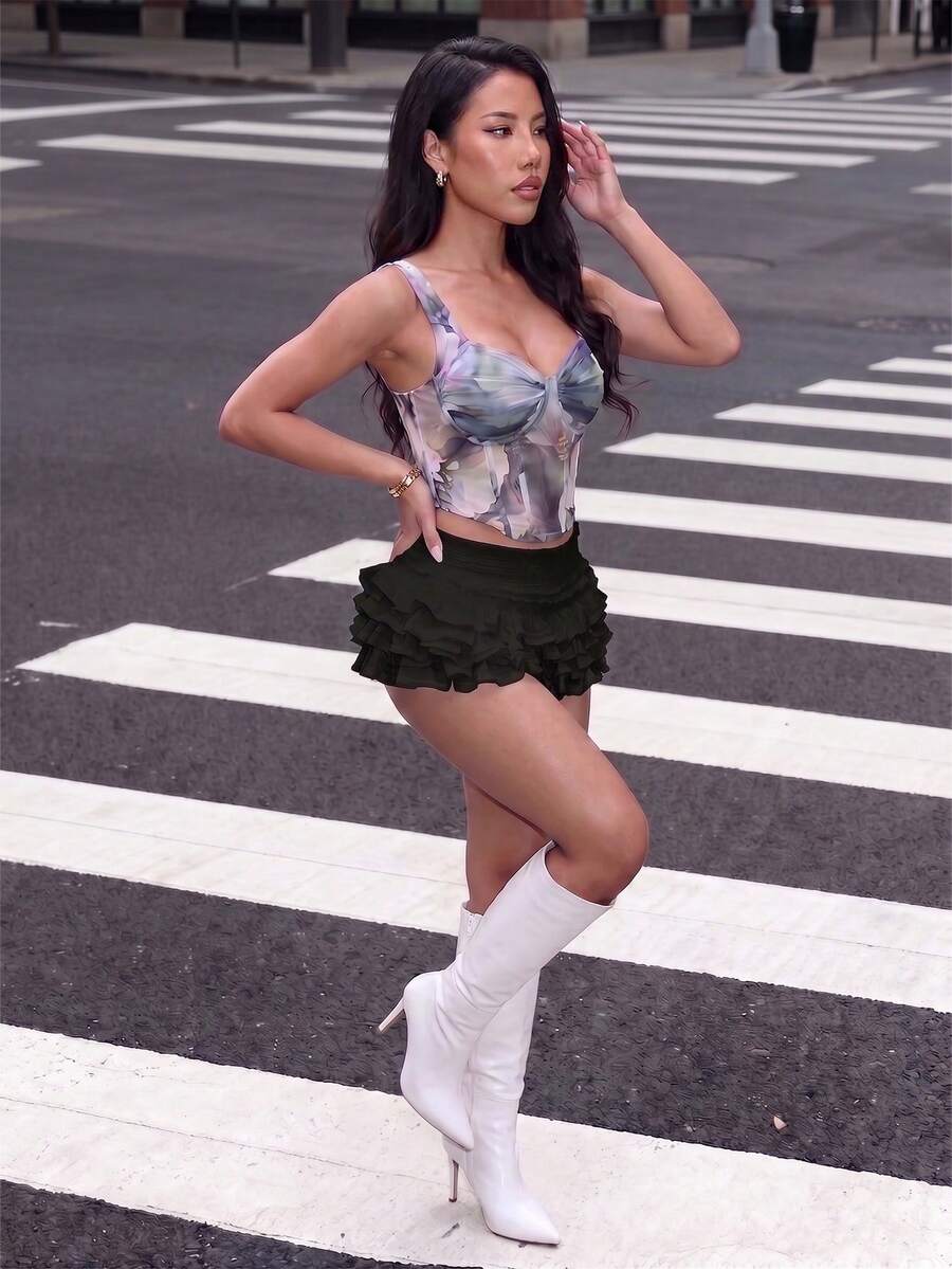 純色百搭蛋糕荷葉邊新款泡泡風短裙褲 熱辣女孩迷你短裙褲 多層荷葉邊百褶夏季短裙褲 - 炭黑色 - 查看 1