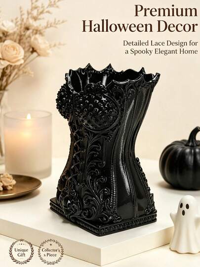1pc Elegant Black Gothic Corset Style Pen Holder, Vintage Embossed Skull Pattern Pencil Holder, Makeup Brush Storage Bucket, Desktop Decor Organizer, Suitable For Bedroom Vanity And Office Desk, Store Stationery And Cosmetics,Back To School Supplies