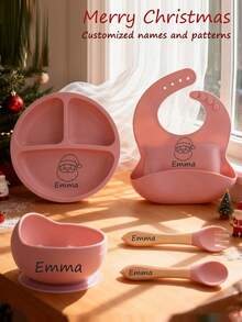 Infant Silicone Feeding Utensils, Christmas Style Customizable Name, Christmas Gift, Bib, Plate, Bowl, Fork & Spoon - Multicolor - View 3