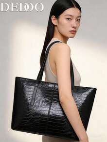 Dedoo Black Glossy Crocodile Embossed PU Tote Bag, Long Handles Open‑Top Large‑Capacity Laptop Shoulder Bag For Ladies Spring Autumn Office Commute - Black - View 2
