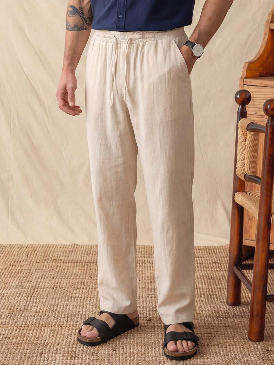 glestore Men's Retro-Style Cotton Casual Pants With Antique Coin Print-Versatile For Casual And Commuting Wear, Suitable For All Seasons - Apricot - View 1