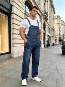 Men's Dark Blue Denim Dungarees Adjustable Straps Work Overalls - Navy Blue - View 7