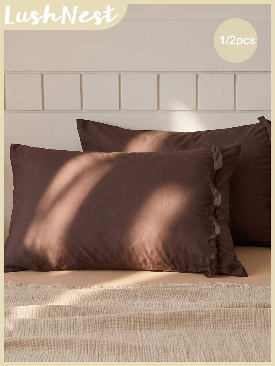 1pc/2pcs Solid Coffee Color Pillowcase With A Bow And Ruffle Trim (Without Insert), Comfortable And Breathable Polyester Fiber Suitable For All Seasons, Home Decoration, Simple Classic, Cozy Bedding, Neutral Decor, Ruffle Accent, Versatile Home - Mocha Brown - View 1