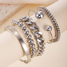 5pcs Vintage Punk Style Bracelets, Featuring Exaggerated Cuban Chain And Round Beads Open Cuff, Suitable For Daily Commute Wear - Antique Silver - View 3