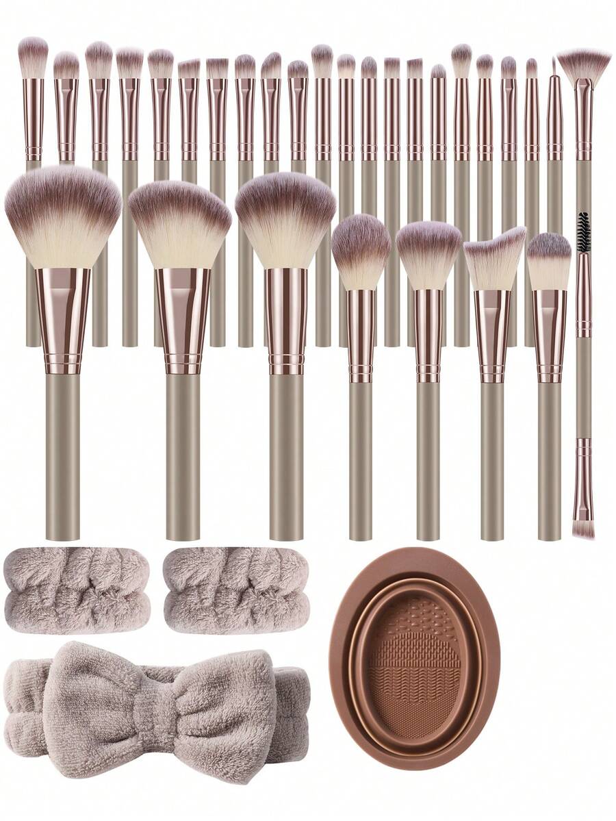 34 Pcs All In One Makeup Collection, 30 Pcs Stylish Milk Tea Champagne Flat Base Makeup Brushes, 4 Pcs Assorted Makeup Supplies, Abundant Brush Types Meet Professional Makeup Demands For Beauty Enthusiasts Daily Practice. - Multicolor - View 1