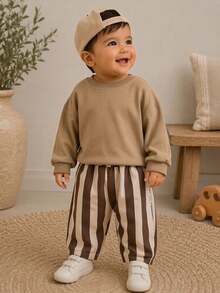 2Pcs/Set Baby Vintage Striped Elastic Waist Casual Long Pants With Pockets Loose Versatile Toddler Pants Casual Outfit - Multicolor - View 8