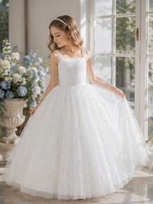 Tween Girl Mesh Patchwork Fashion Evening Dress Spaghetti Strap Dress - White - View 4