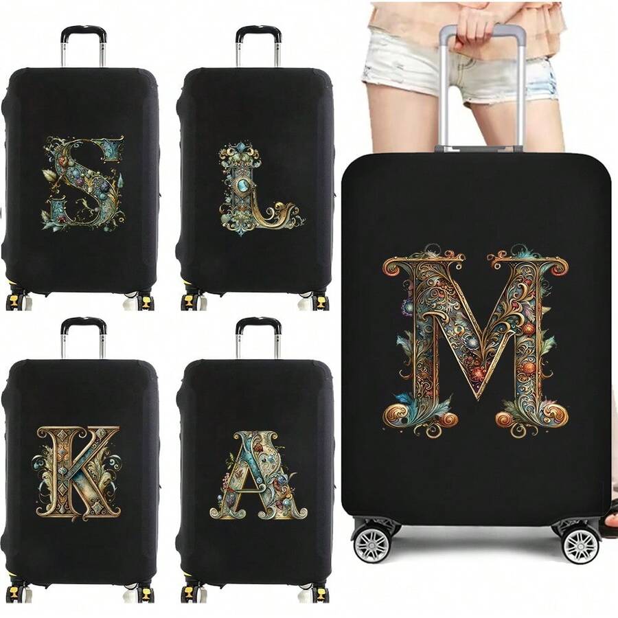 Elastic Luggage Cover, Vintage Glamorous Letter Print Luggage Protective Cover, Stretchable Dustproof Scratch-Resistant Reusable Travel Cover, Suitable For 18-32 Inch Luggage - Black - View 1