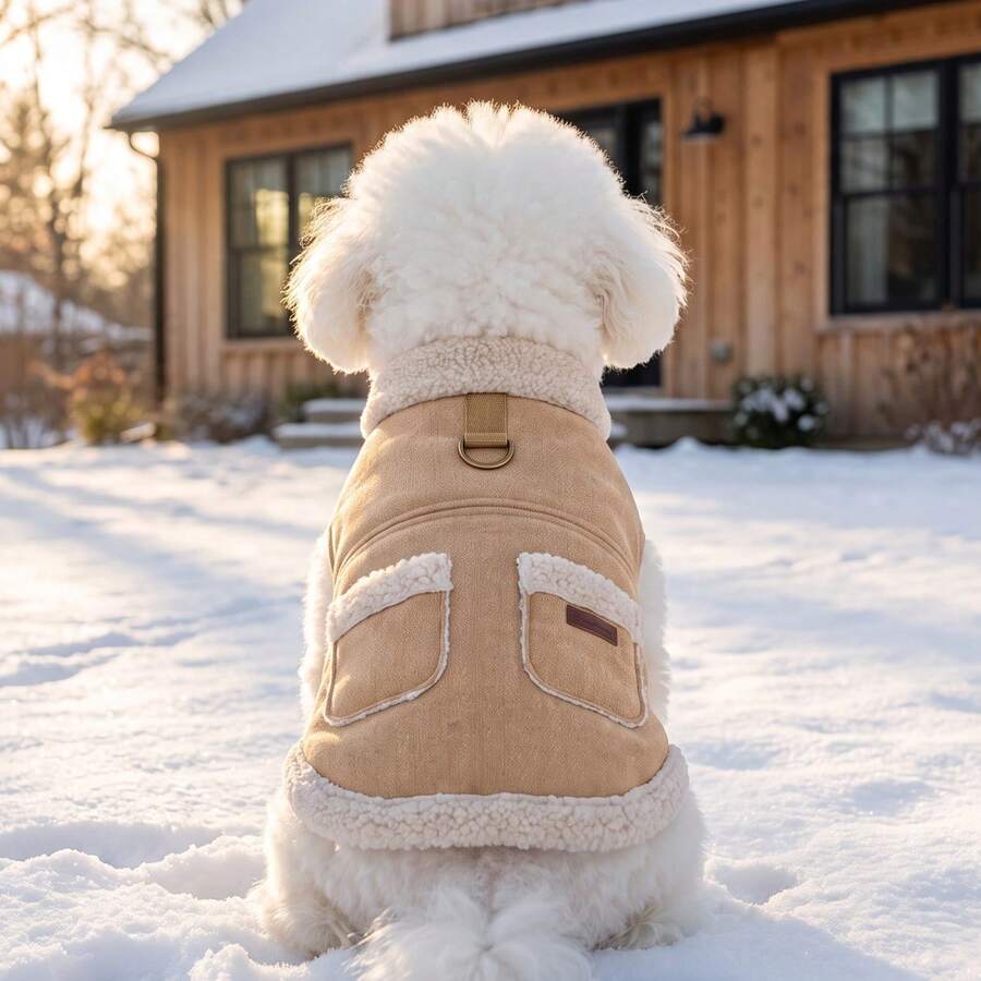 1pc Dog Jacket, 2 Colors Available Plush Collar Pet Coat, D-Ring On Back, Dual Pocket Design, Suitable For Small/Medium Dogs Puppy Clothes, Cat Clothes, Autumn/Winter Cold Weather Outdoor And Indoor Use - Brown - View 1