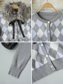 2026 Vintage Preppy Argyle Jacquard Knit Cardigan, Grey Blue White ...
