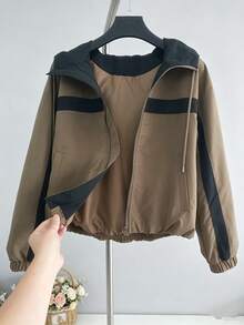 European & American Hot-Selling Women's Fashion Commuter Versatile Daily Casual Colorblock Pocket Hooded Short Jacket, Suitable For Spring, Autumn And Winter - Brown - View 10