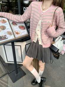 Pink Striped 2 In 1 Sweater Women's Autumn Gentle Loose Knit Cardigan Top - Pink - View 4