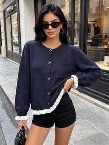 Women's Casual Bow Button Patchwork Contrast Color Pocket Knit Cardigan, Autumn/Winter - Royal Blue - View 10