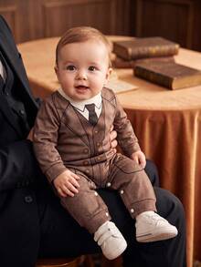 Brown Herringbone Faux Suit Newborn Romper, 2 Pieces Style Shirt & Vest Jumpsuit For Party And Photo Shoot - Camel - View 4