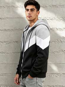 HEYKESON Men's Full Zip Hooded Jacket, Colorblock Patchwork Drawstring Hood Long Sleeve Casual Open Front Sweatshirt - Black - View 5