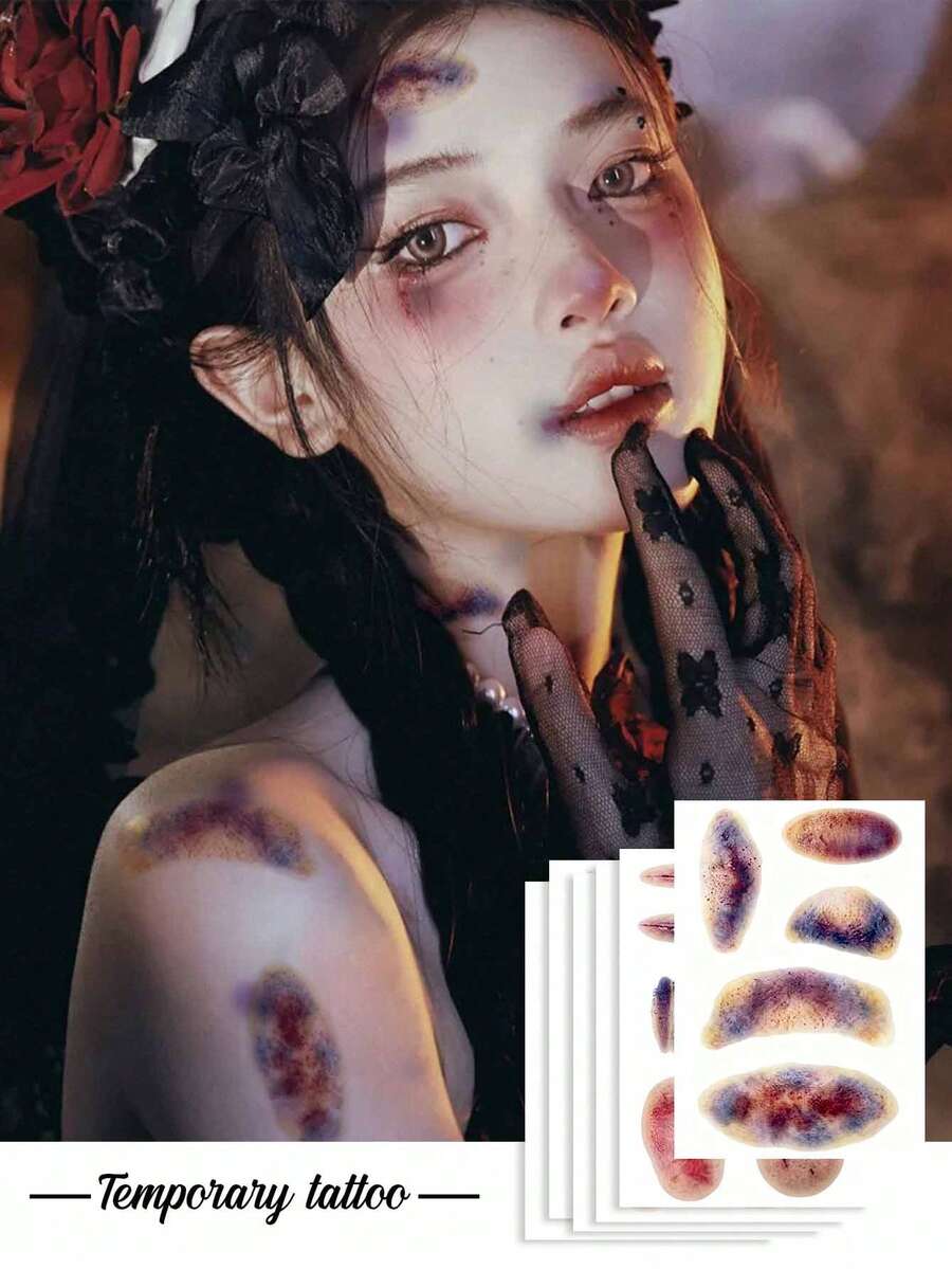 1pc Halloween Realistic Bruise Scar Temporary Tattoo Sticker, Realistic Fake Tattoo Design, Suitable For Daily Wear, Bachelorette Party Favors, Music Festivals, Games, Graduation Gifts, Lasts 3‑5 Days - Multicolor - View 1