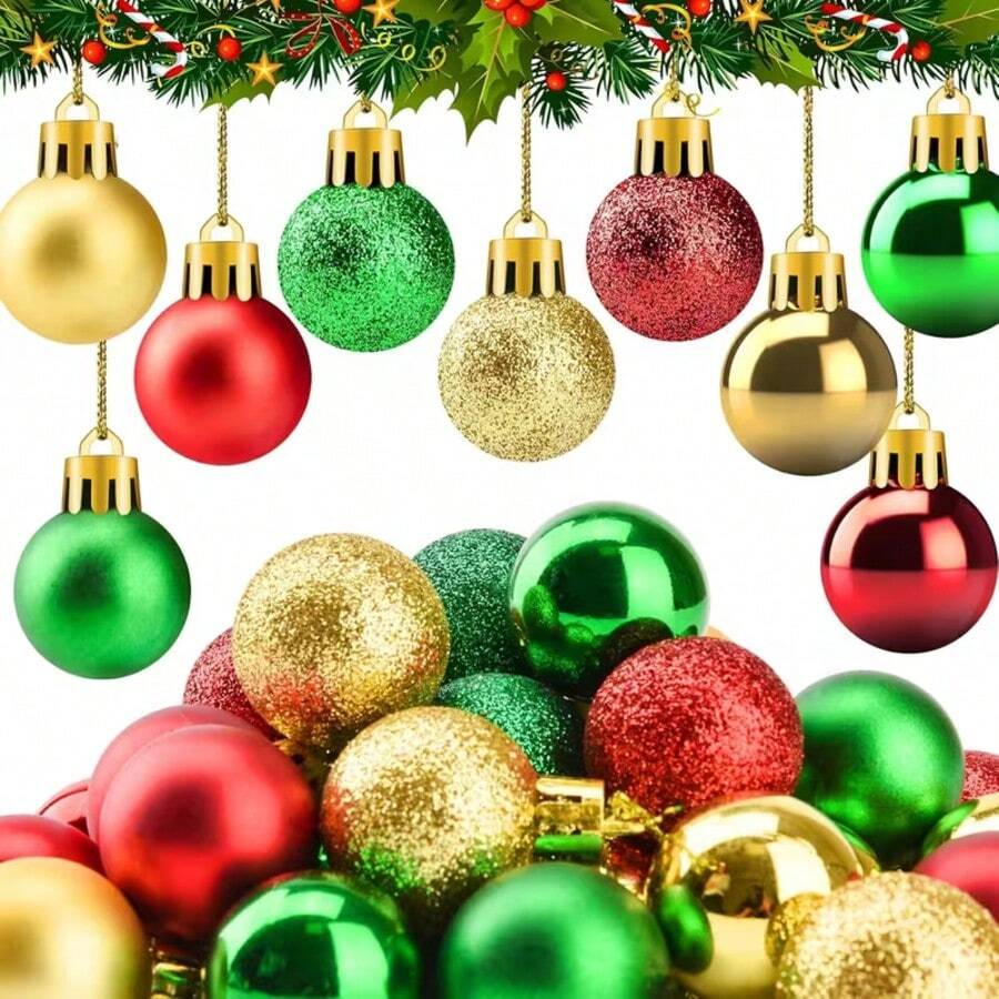 36pcs Mini Christmas Balls, 3cm/1.18in, Red, Green, Gold 3-Color Plastic Small Decorative Balls, Suitable For Christmas Tree, Party Decoration (Red, Green, Gold 3-Color) - A - View 1