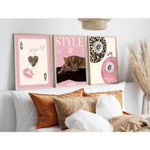 3 Width Leopard Print Cheetah Wall Painting, No. 6 Lucky Pattern Canvas Painting, Pink Girly Style Poster, College Style Luxurious Decoration, Suitable For Bedroom, Living Room, Or Dormitory Decoration, Gift For Her, Frame Not Included - Multicolor - View 2