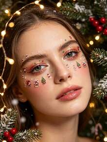 Santa Claus House Christmas Tree Snowflake Pattern Face Decoration Sticker Set With Tweezers, Vintage Holiday Atmosphere, 3D Embossed Pressed Craft, Party Makeup Accents, Face Stickers - Multicolor - View 3