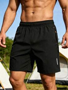 Men's Casual Sports Shorts, Summer Quick-Dry Breathable, With Elastic Waistband And Zipper Pockets Black - Black - View 1