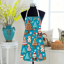 1pc Christmas Linen Apron, Holiday Santa Claus & Tree Print, Red Cartoon Gingerbread Man, Sleeveless Kitchen Apron, Durable Home Cooking Protective Cover, Decorative Holiday Kitchen Accessory - Multicolor - View 5
