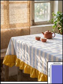 1pc Blue & White Large Plaid With Bright Yellow Ruffle Edge Tablecloth, Lively Pastoral Style Fabric Material, Rectangular Yellow Ruffle Edge Patchwork Detail Decoration, Functional Home Long Tablecloth Suitable For Family Gatherings And Vibrant Home Decor Scenes - Blue - View 12