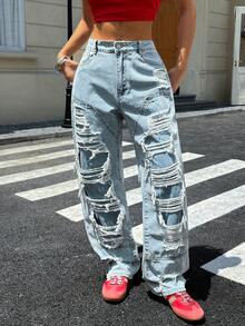 Jeans Kaki Lurus Robek untuk Wanita - Light Wash - View 8
