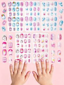 120pcs 5 Styles 3D Kids Short Press-On Nails, Cute Cartoon Unicorn Mermaid Shell Heart Bow Design Fake Nails, Birthday Party Dress-Up Gift For Girls, Suitable For Little Girls' Daily Manicure - Multicolor - View 3