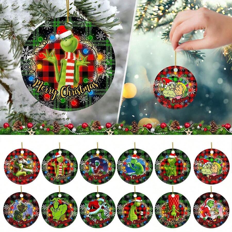 The Grinch The 12/6/2Pcs Acrylic Round ‑Themed Christmas Tree Hanging Ornament, Plaid & Festive Print Pattern, Perfect For Christmas Home Decor, And Ideal As Xmas Tree Decoration And Holiday Creative Gift. - Multicolor - View 1