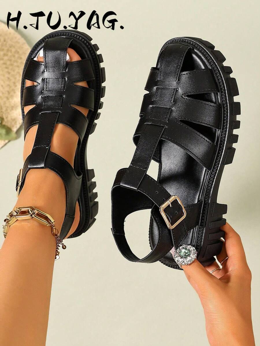 Women's Black Punk Style Buckle Solid Color Wedge Sandals With Strappy Details, Spring/Summer Gladiator Sandals,Holiday Essential