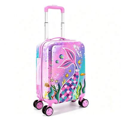 Girls Mermaid Tail Ocean Print Hardside Kids Rolling Suitcase, Spinner Wheels Carry‑On Luggage For Children Travel Trip Holiday