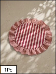 1/2/4/6/12pcs Red & White Thin Striped Pink Ruffle Edge Fabric Placemats, Fresh Natural Style, Round Shape With Ruffle Edge Patchwork Details, Stain-Resistant Tabletop Protection And Decorative Function, Suitable For Daily Breakfast And Natural Home Decor Scenes - Red - View 13
