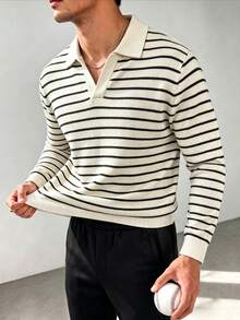 ZYNTH BALENO Men's Fashion Autumn/Winter 12-Gauge Horizontal Striped Slim Fit Regular Shoulder Airplane Collar Long Sleeve Sweater, Suitable For Gym Workout - Apricot - View 4