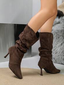 NANBEI ZUO Women's Sleeveless Pleated Pointed Toe Stiletto Mid-Calf Boots, Versatile For Daily Wear, Suitable For Street Style, Commuting And Christmas Outings - Brown - View 7