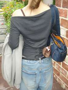 Women's Waist-Cinched Button-Up Long Sleeve T-Shirt, Open Shoulder Off-Shoulder Top, Autumn - Grey - View 7