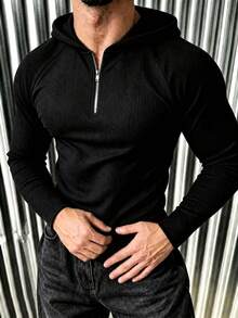 New Men's Casual Classic Ribbed Texture Raglan Sleeve Hooded Half-Zip Versatile Long Sleeve T-Shirt - Black - View 5