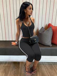 LovelyWholesale Women's Sporty V-Neck Side Stripe Tank Top And Shorts 2 Pieces Set Summer Outfit Black Elegant - Black - View 1