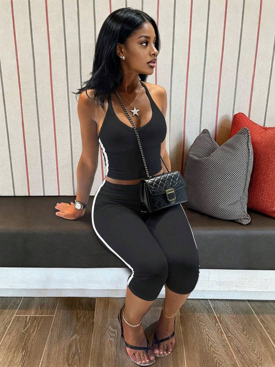 LovelyWholesale Women's Sporty V-Neck Side Stripe Tank Top And Shorts 2 Pieces Set Summer Outfit Black Elegant - Black - View 1