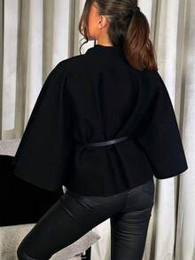 Women's Fashionable Elegant Short 3/4 Sleeve Stand Collar Loose Woolen Coat With Belt, Winter Black Fall - Black - View 4
