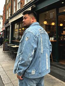 Men Denim Jacket Loose Plus Size Light Blue Ripped Distressed Long Sleeve Button Front Coat With Chest Pockets Casual Streetwear Outerwear - Baby Blue - View 8