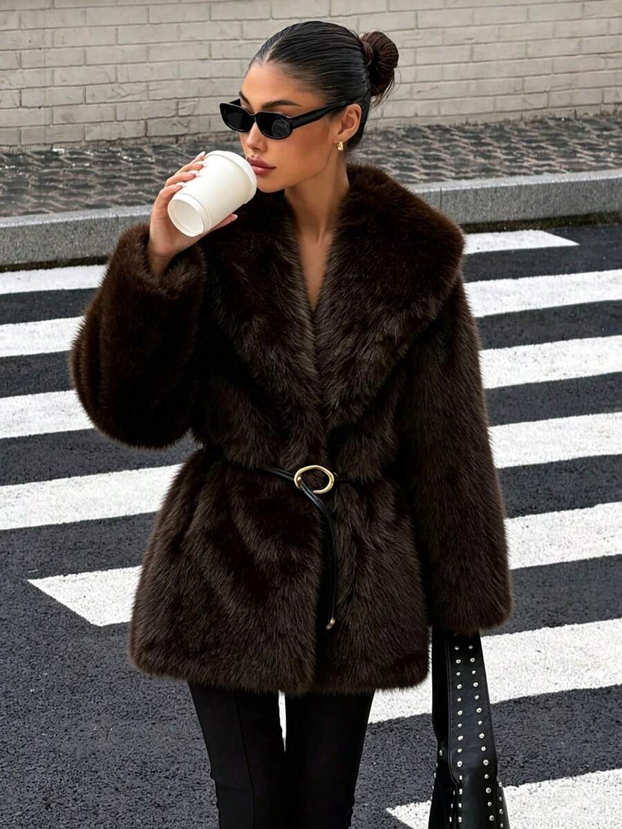 Autumn/Winter New Faux Fur Effect Thick Warm Coat Jacket With Belt - Brown - View 1