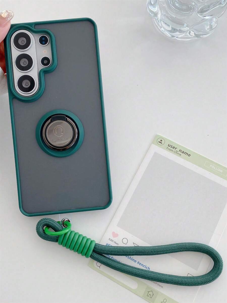 Luxury Integrated Ring Buckle Translucent Matte Phone Case + Nylon Rope Compatible With Samsung Galaxy S26Ultra S25Ultra S24Ultra S23Ultra S22Ultra S26Plus S26 S25Plus S24 S25 Simple Fully Cover Scratch-Resistant And Wear-Resistant Back Cover Wristband Shell - Green - View 1
