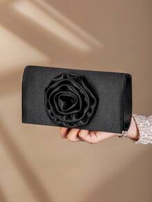 Satin Rose-Shaped Clutch Bag Envelope Bag Evening Bag - Black - View 2