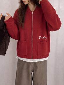 Women's Autumn/Winter Minimalist Letter Embroidered Knit Cardigan Jacket - Red - View 1