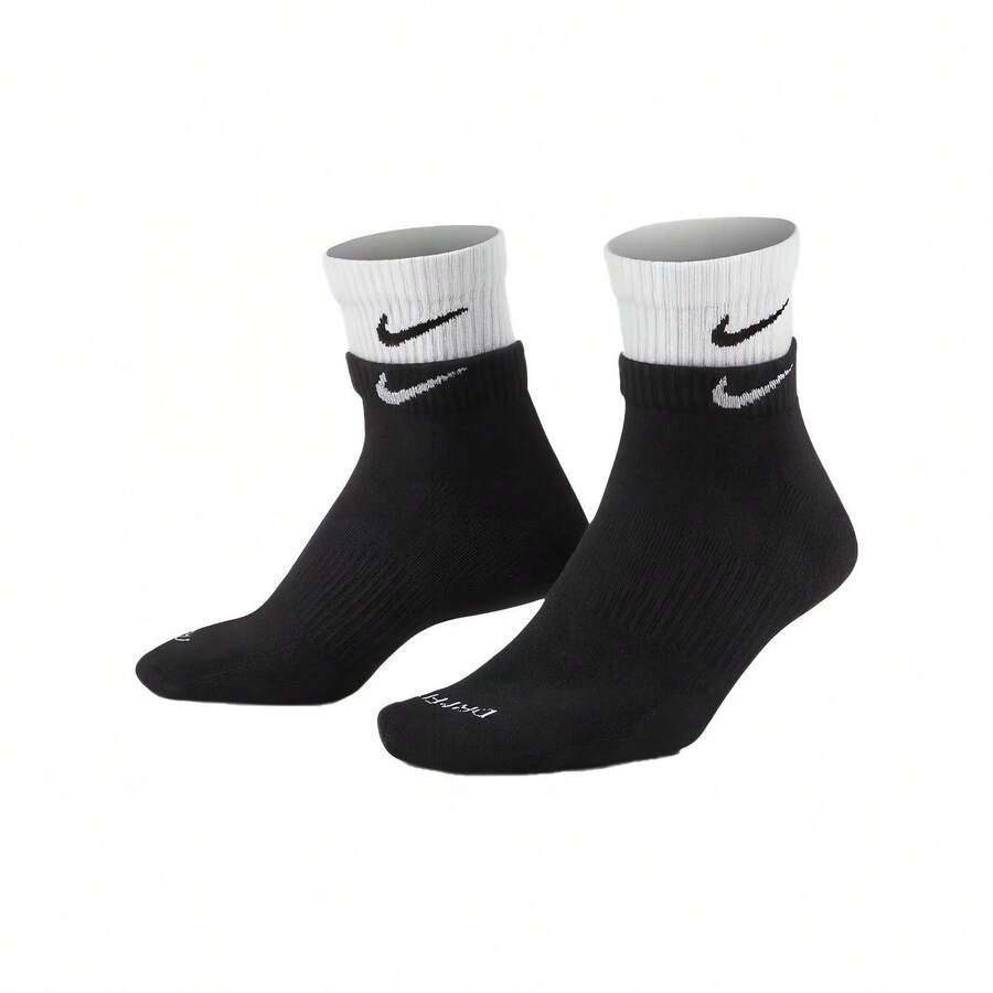 Nike Double-Layer Double-Swoosh Athletic Training Crew Socks Unisex Couple Style Combo Pack Black - Black - View 1