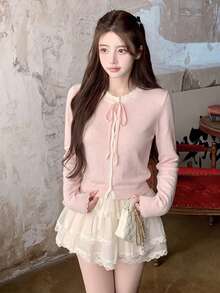 Fashionable Soft Pink Round Neck Tie-Front Knitted Cardigan Women's Autumn/Winter New Contrast Trim Loose Soft Sweet Sweater Jacket - Pink - View 1