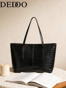 Dedoo Black Glossy Crocodile Embossed PU Tote Bag, Long Handles Open‑Top Large‑Capacity Laptop Shoulder Bag For Ladies Spring Autumn Office Commute - Black - View 9